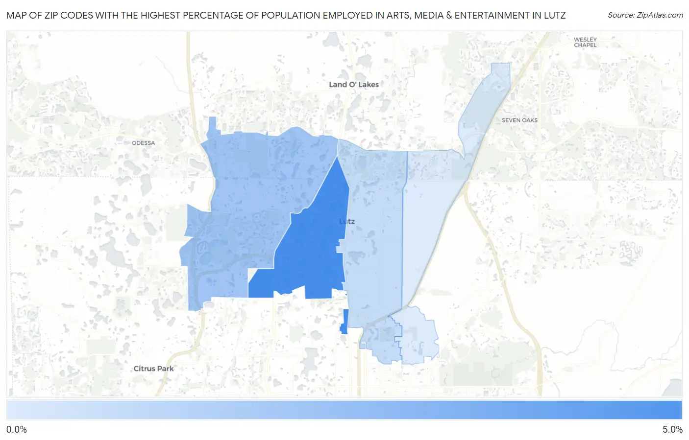 Zip Codes with the Highest Percentage of Population Employed in Arts, Media & Entertainment in Lutz Map