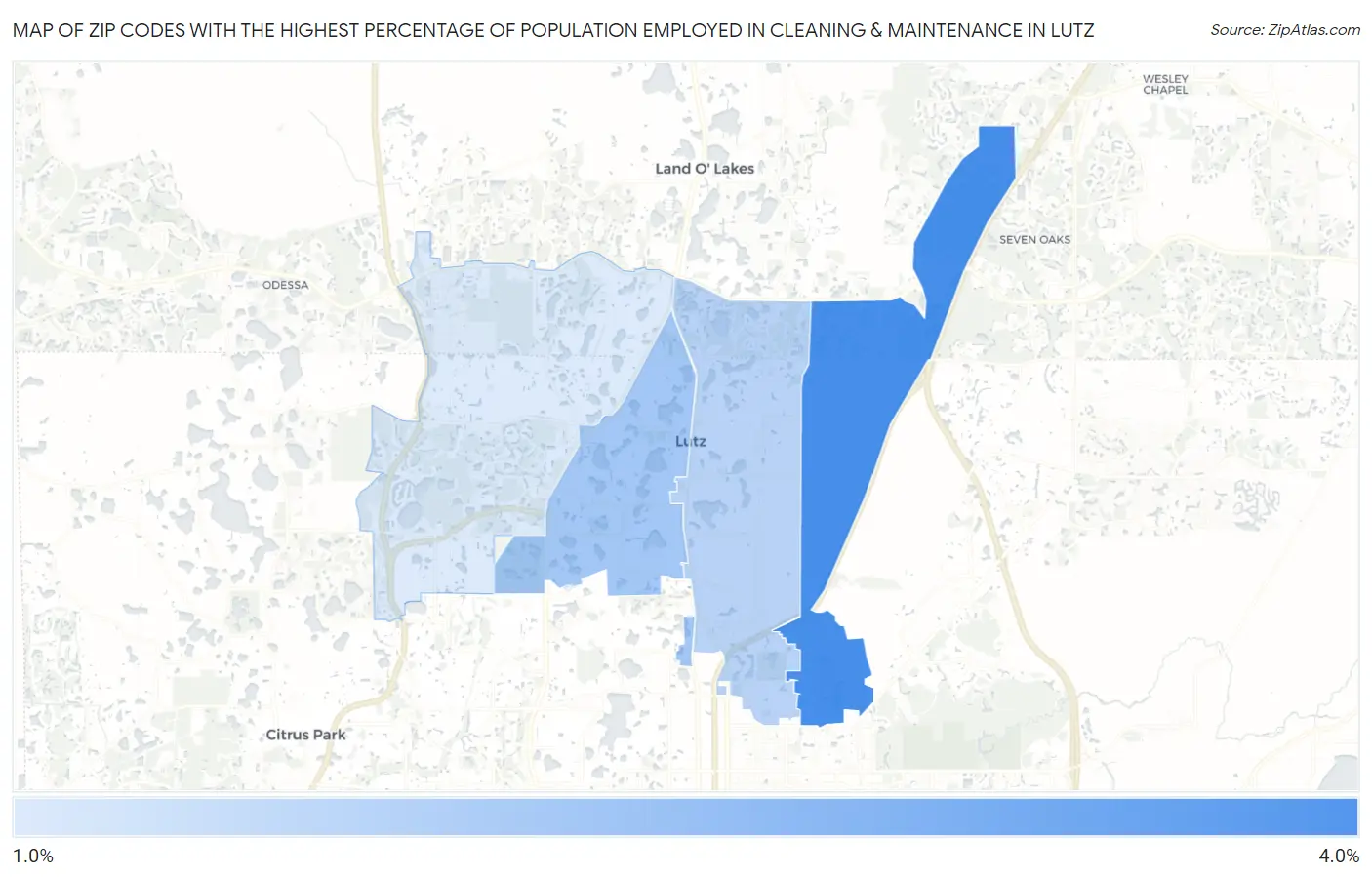 Zip Codes with the Highest Percentage of Population Employed in Cleaning & Maintenance in Lutz Map