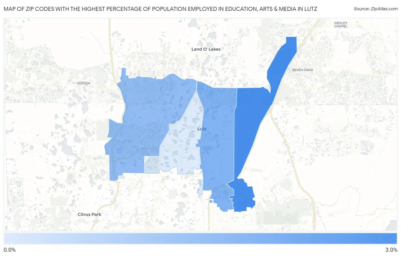 Zip Codes with the Highest Percentage of Population Employed in Education, Arts & Media in Lutz Map