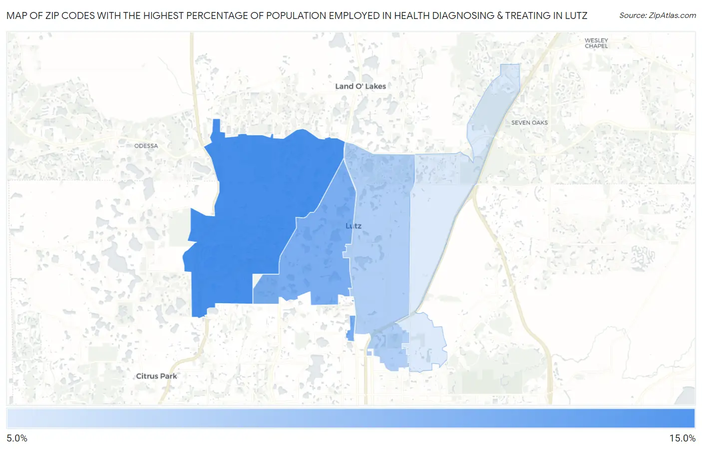 Zip Codes with the Highest Percentage of Population Employed in Health Diagnosing & Treating in Lutz Map