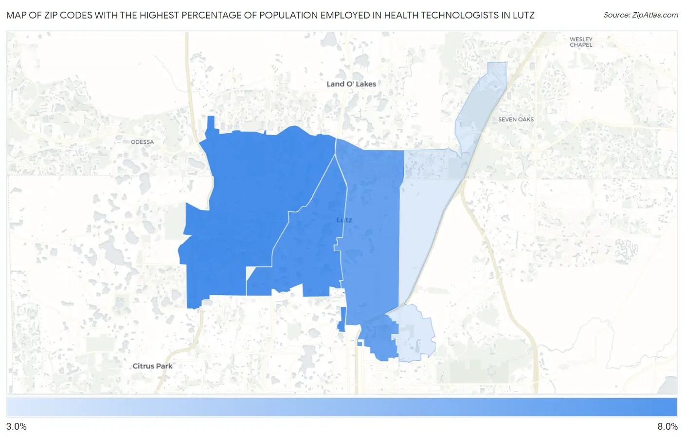 Zip Codes with the Highest Percentage of Population Employed in Health Technologists in Lutz Map