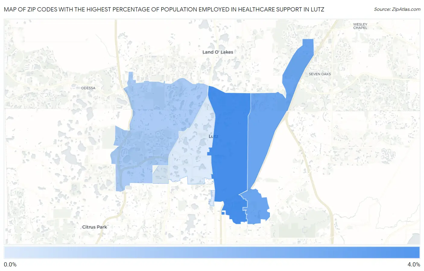 Zip Codes with the Highest Percentage of Population Employed in Healthcare Support in Lutz Map