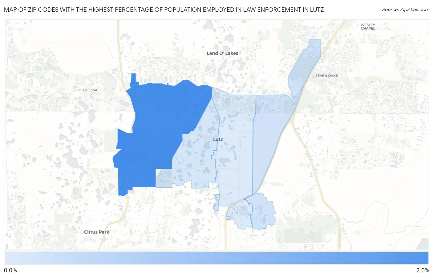 Zip Codes with the Highest Percentage of Population Employed in Law Enforcement in Lutz Map