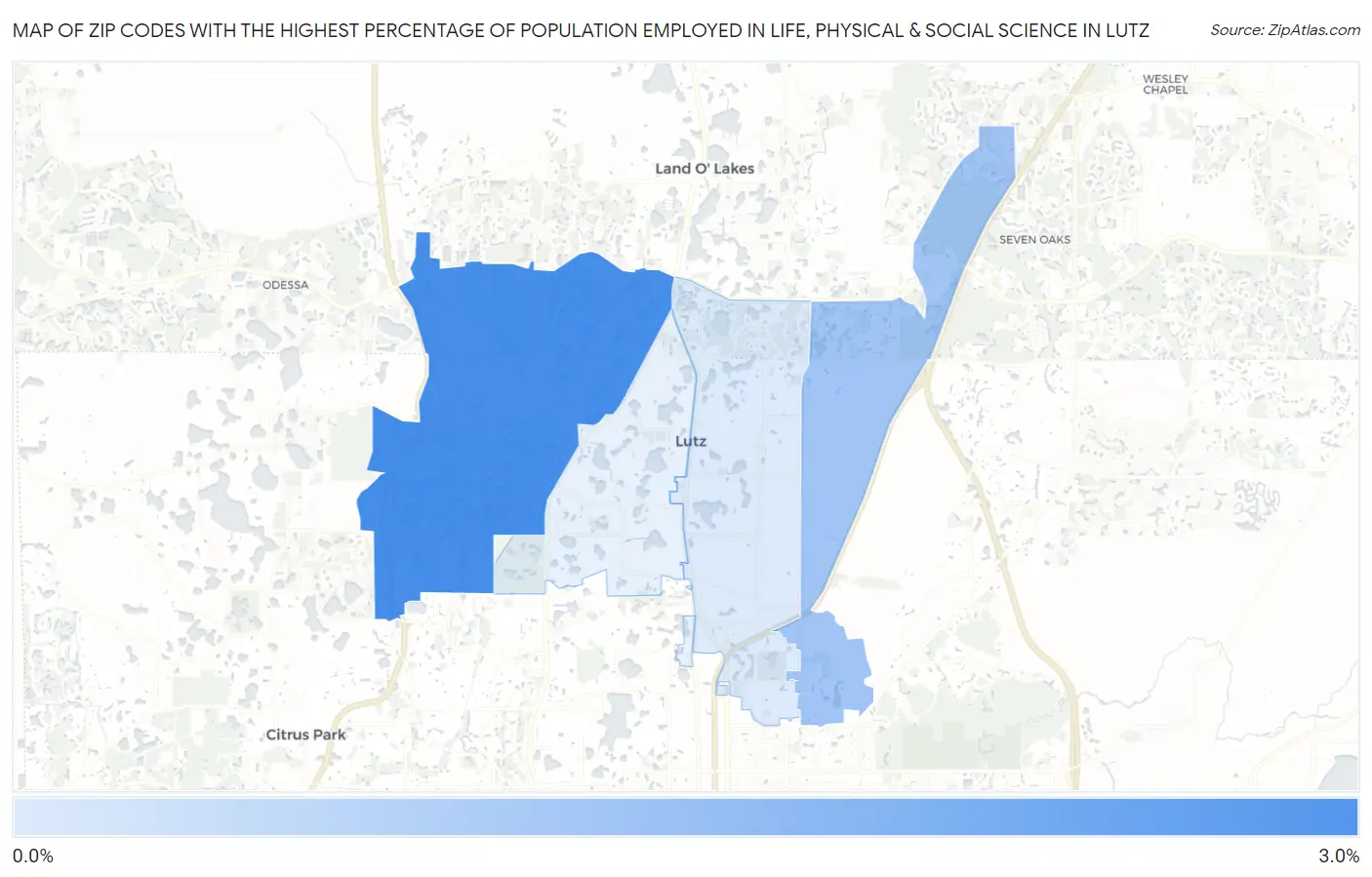 Zip Codes with the Highest Percentage of Population Employed in Life, Physical & Social Science in Lutz Map