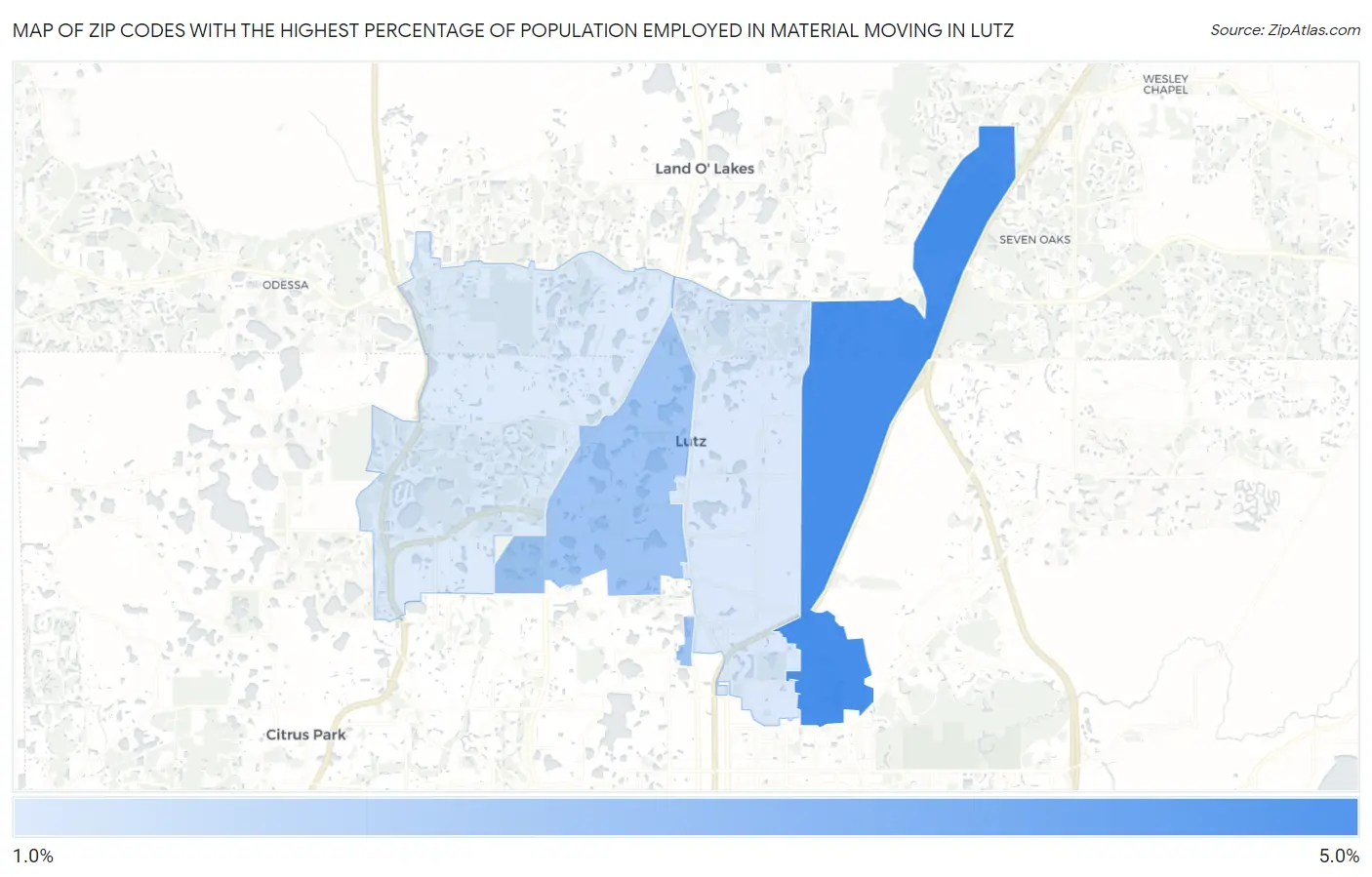Zip Codes with the Highest Percentage of Population Employed in Material Moving in Lutz Map