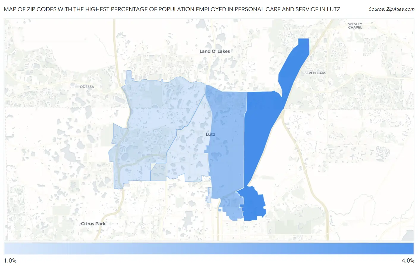 Zip Codes with the Highest Percentage of Population Employed in Personal Care and Service in Lutz Map
