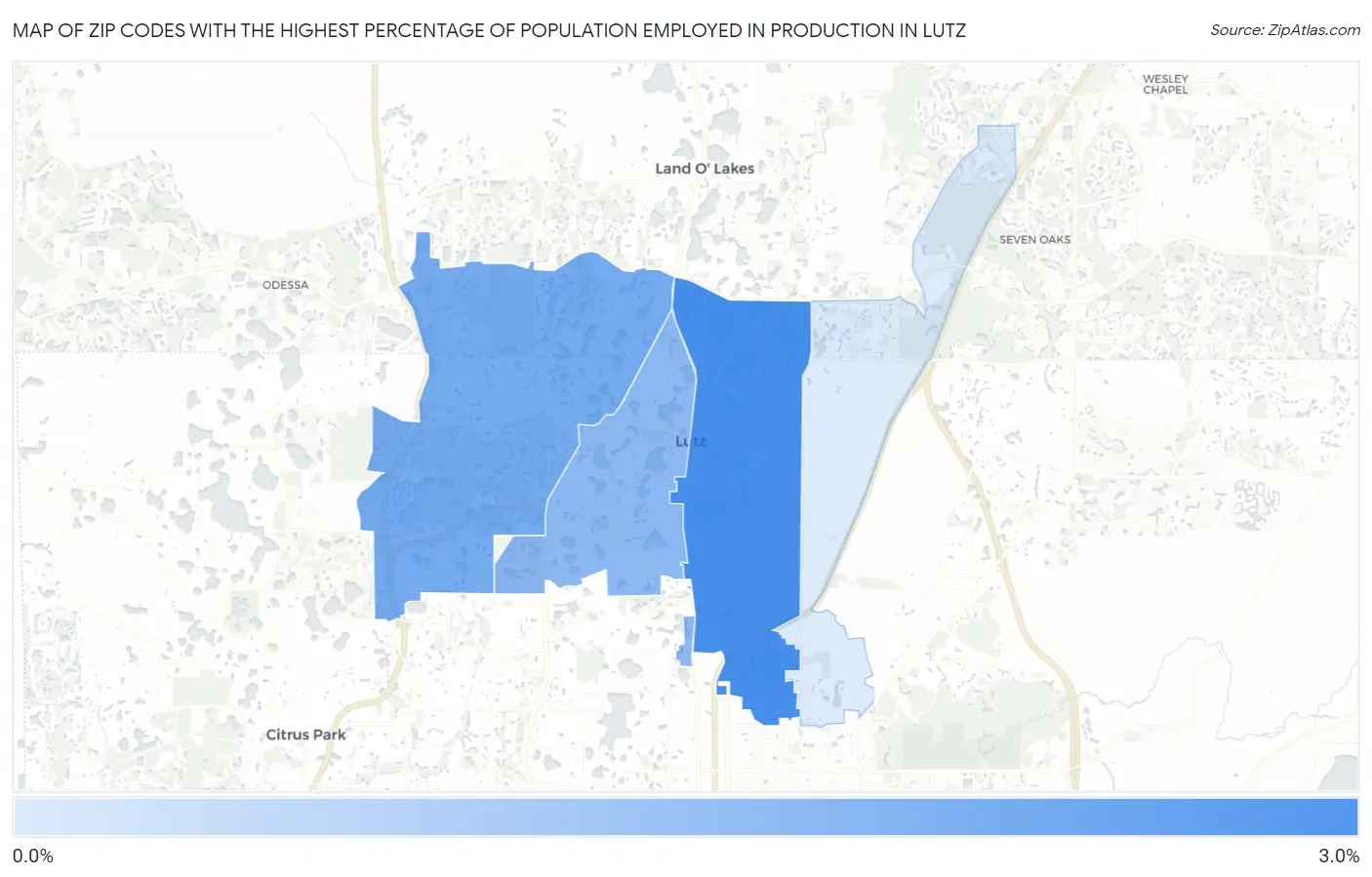 Zip Codes with the Highest Percentage of Population Employed in Production in Lutz Map