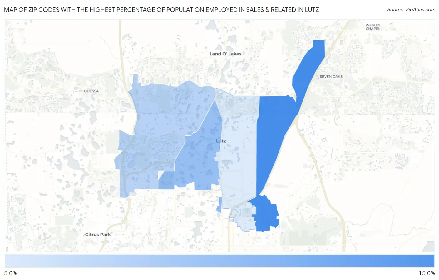 Zip Codes with the Highest Percentage of Population Employed in Sales & Related in Lutz Map