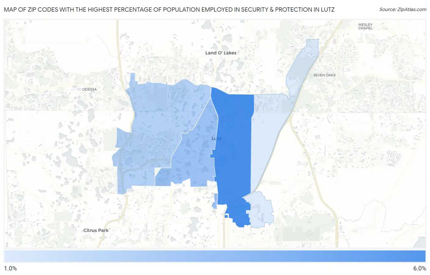Zip Codes with the Highest Percentage of Population Employed in Security & Protection in Lutz Map
