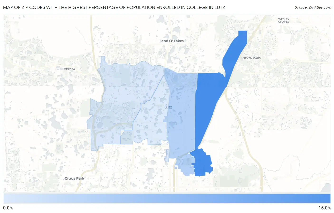 Zip Codes with the Highest Percentage of Population Enrolled in College in Lutz Map