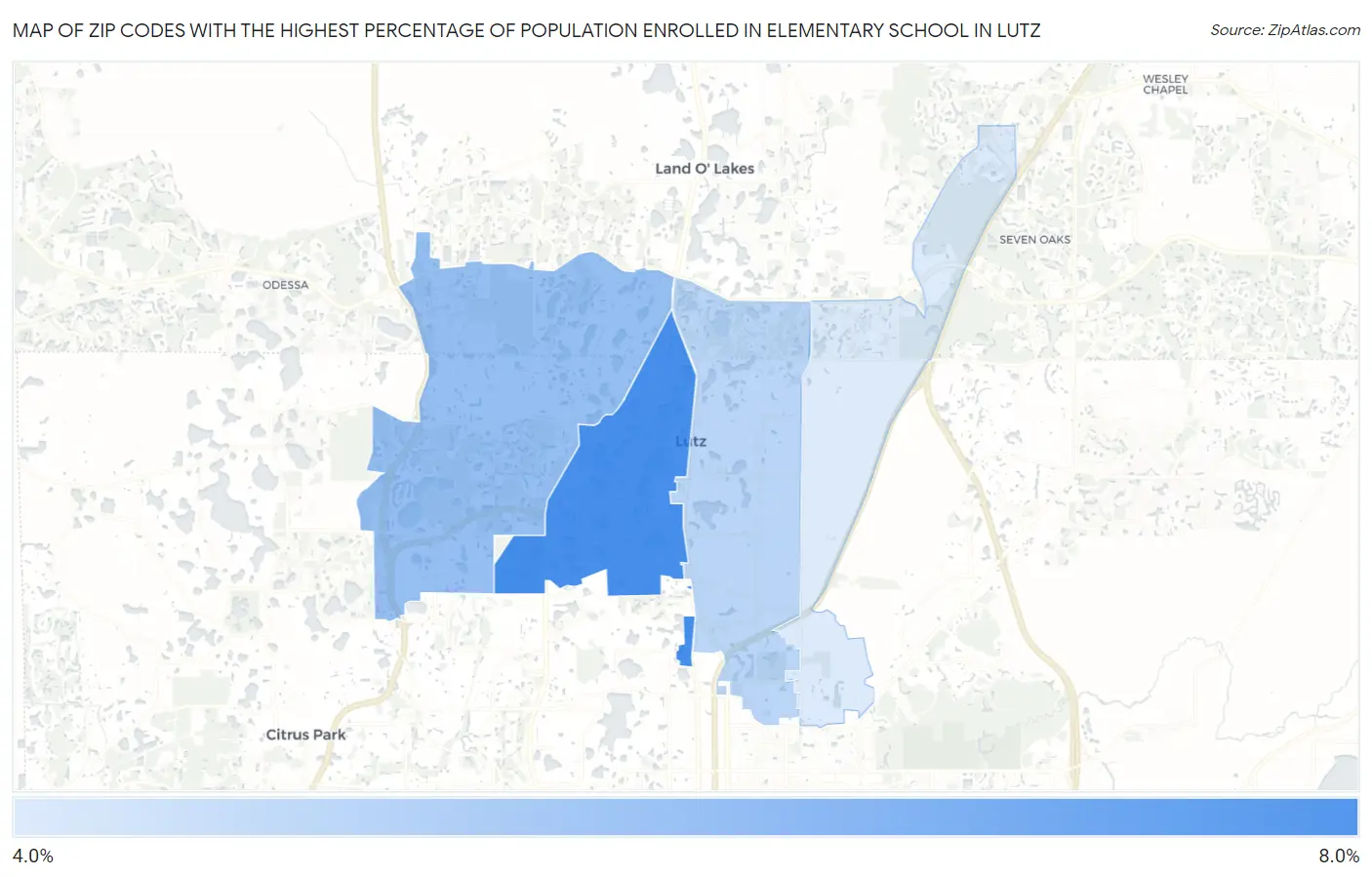 Zip Codes with the Highest Percentage of Population Enrolled in Elementary School in Lutz Map