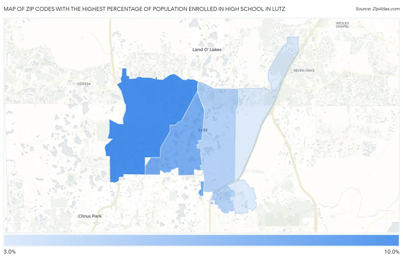 Zip Codes with the Highest Percentage of Population Enrolled in High School in Lutz Map