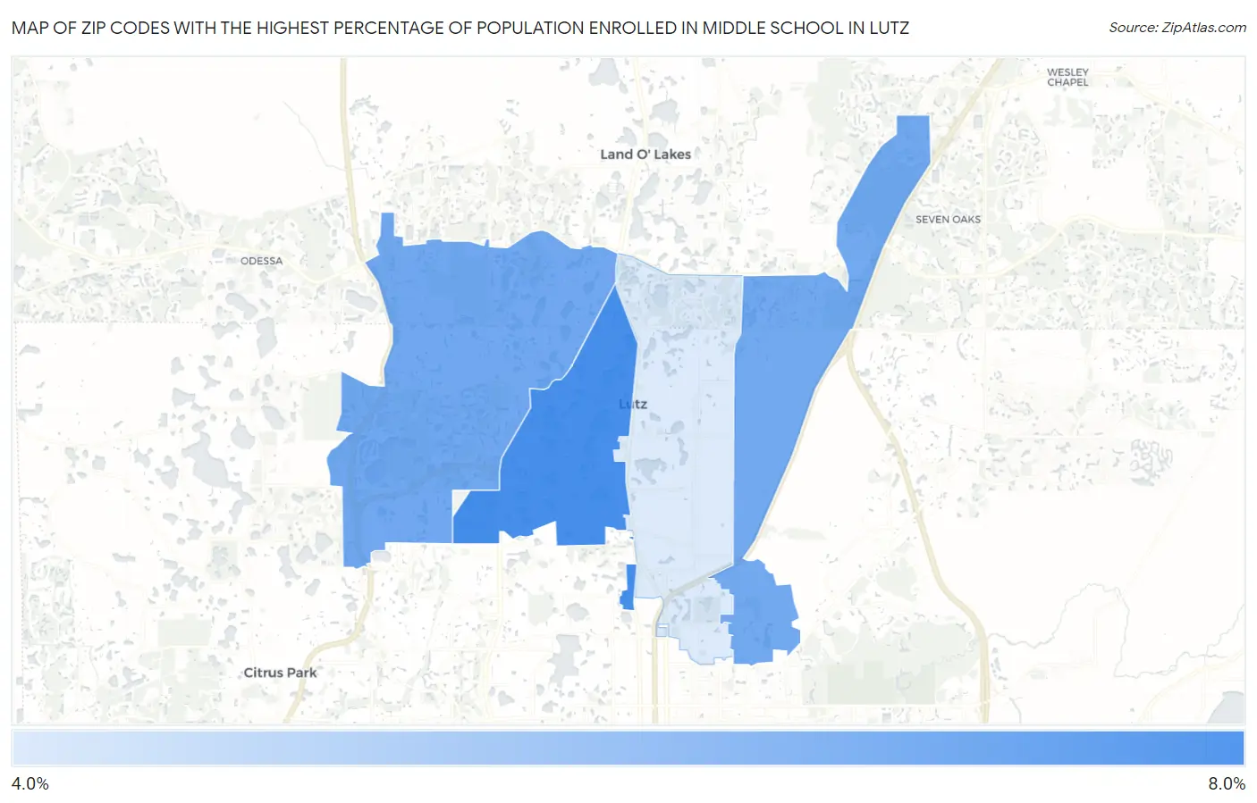 Zip Codes with the Highest Percentage of Population Enrolled in Middle School in Lutz Map