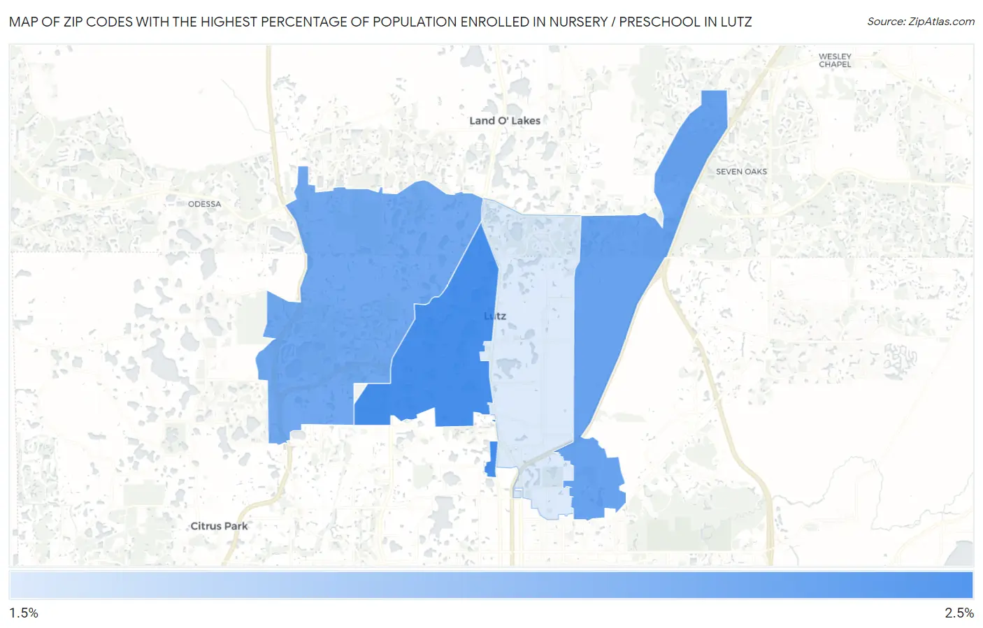 Zip Codes with the Highest Percentage of Population Enrolled in Nursery / Preschool in Lutz Map