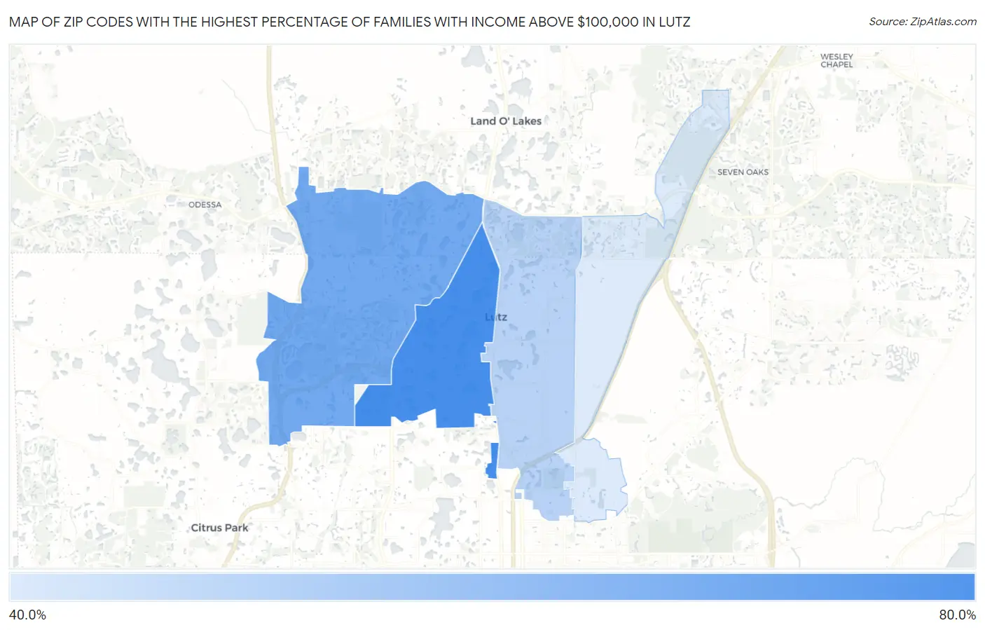 Zip Codes with the Highest Percentage of Families with Income Above $100,000 in Lutz Map