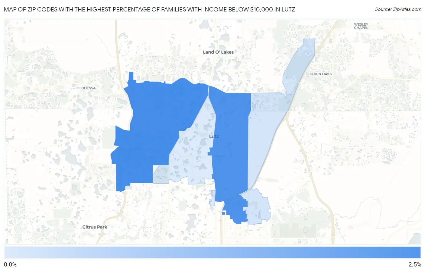 Zip Codes with the Highest Percentage of Families with Income Below $10,000 in Lutz Map