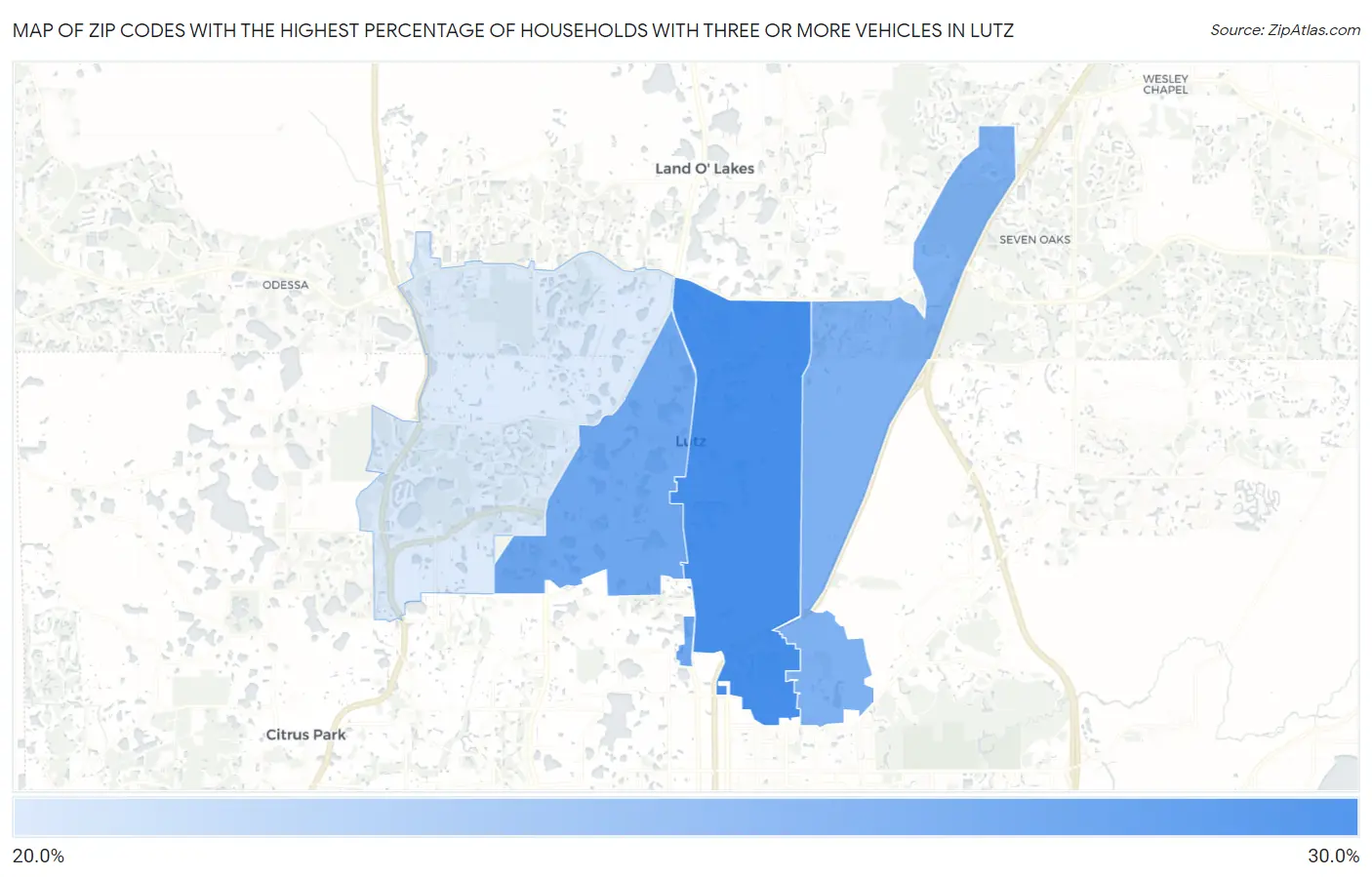 Zip Codes with the Highest Percentage of Households With Three or more Vehicles in Lutz Map