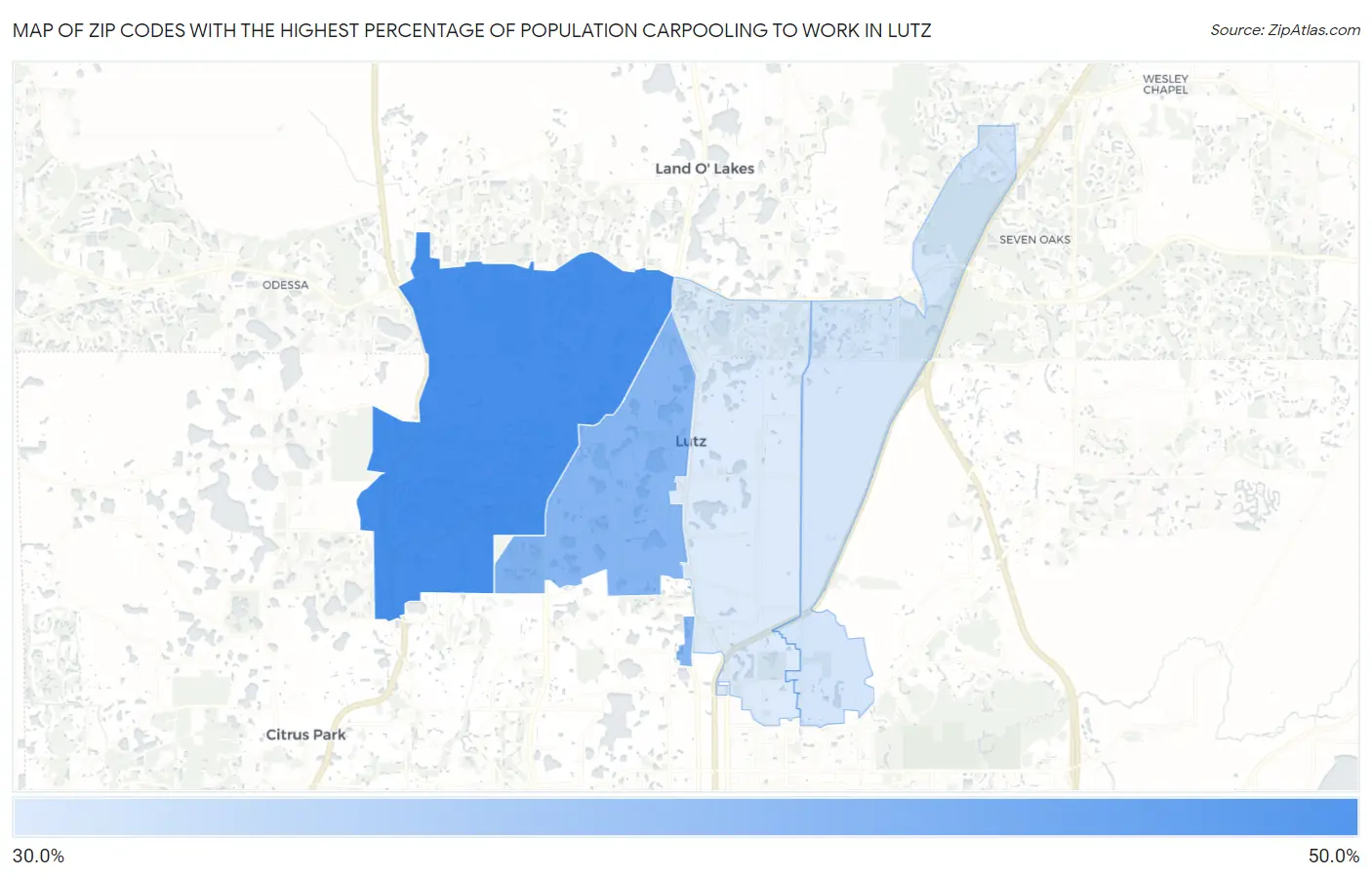 Zip Codes with the Highest Percentage of Population Carpooling to Work in Lutz Map