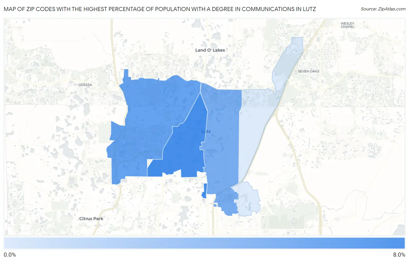 Zip Codes with the Highest Percentage of Population with a Degree in Communications in Lutz Map