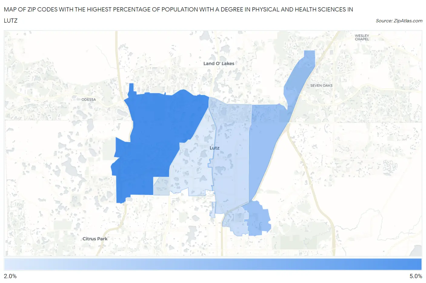 Zip Codes with the Highest Percentage of Population with a Degree in Physical and Health Sciences in Lutz Map
