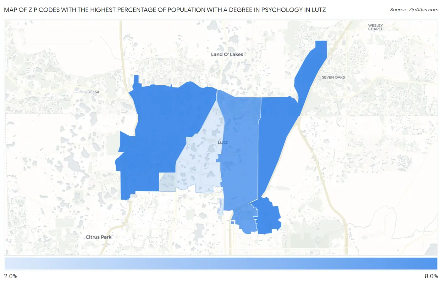 Zip Codes with the Highest Percentage of Population with a Degree in Psychology in Lutz Map