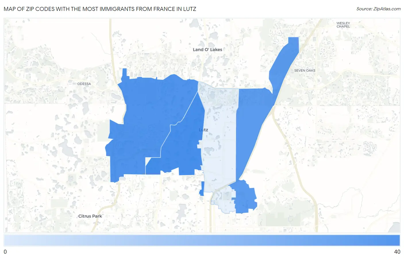 Zip Codes with the Most Immigrants from France in Lutz Map