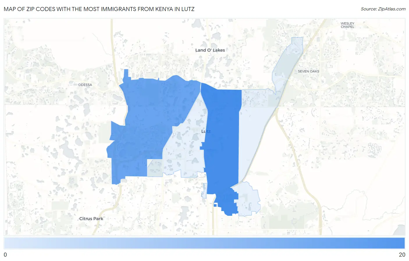 Zip Codes with the Most Immigrants from Kenya in Lutz Map