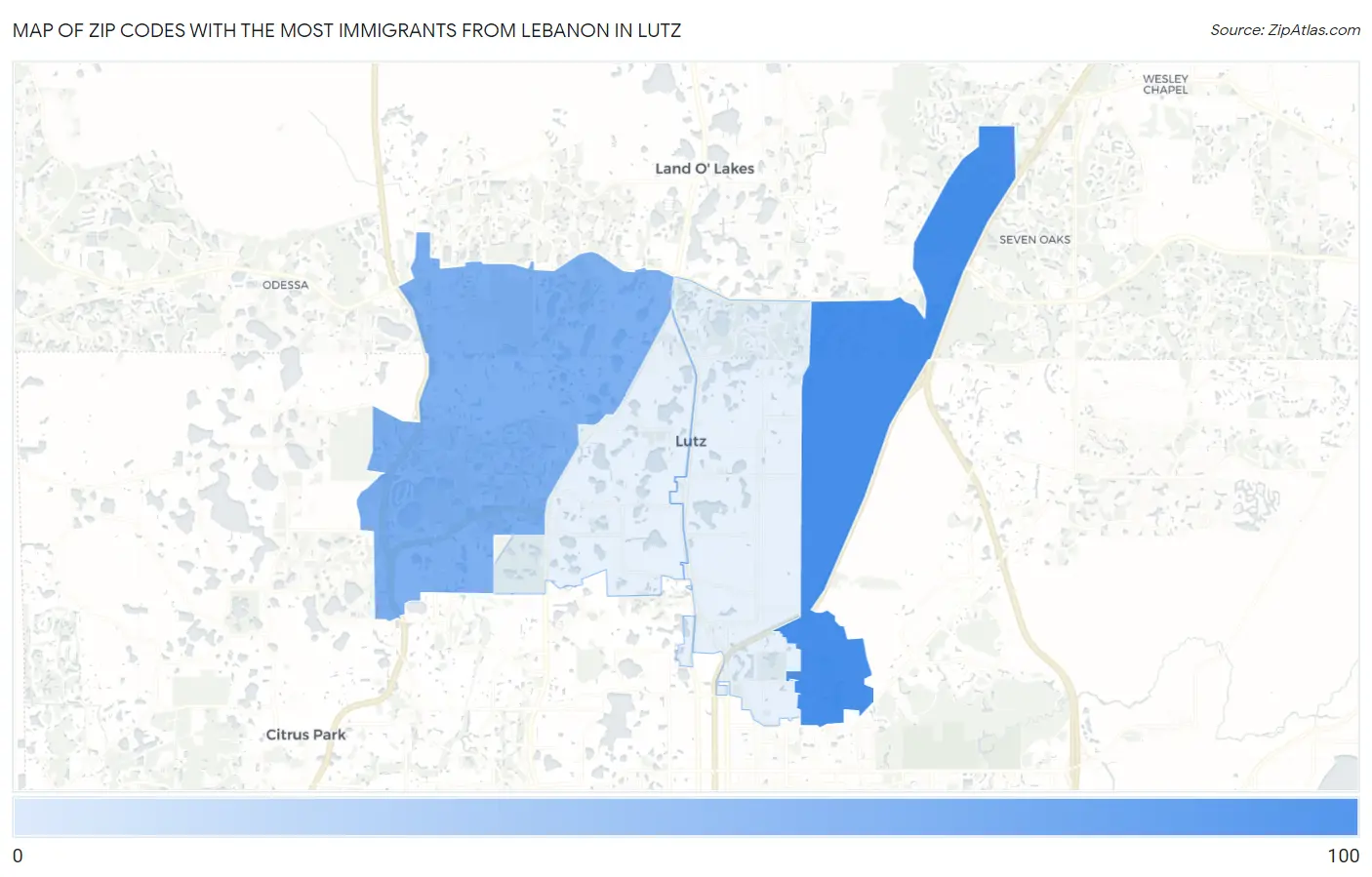 Zip Codes with the Most Immigrants from Lebanon in Lutz Map