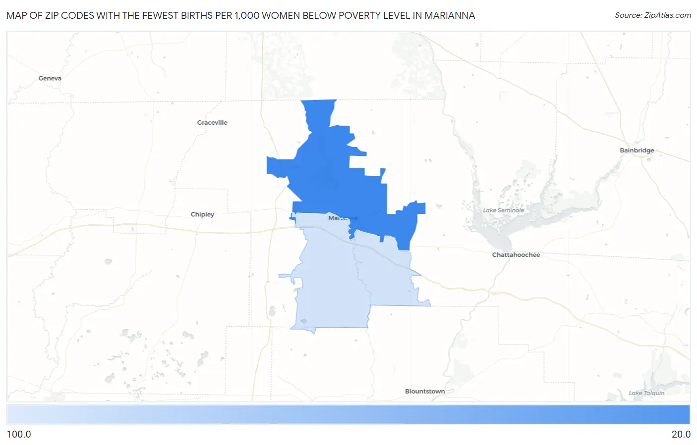 Zip Codes with the Fewest Births per 1,000 Women Below Poverty Level in Marianna Map