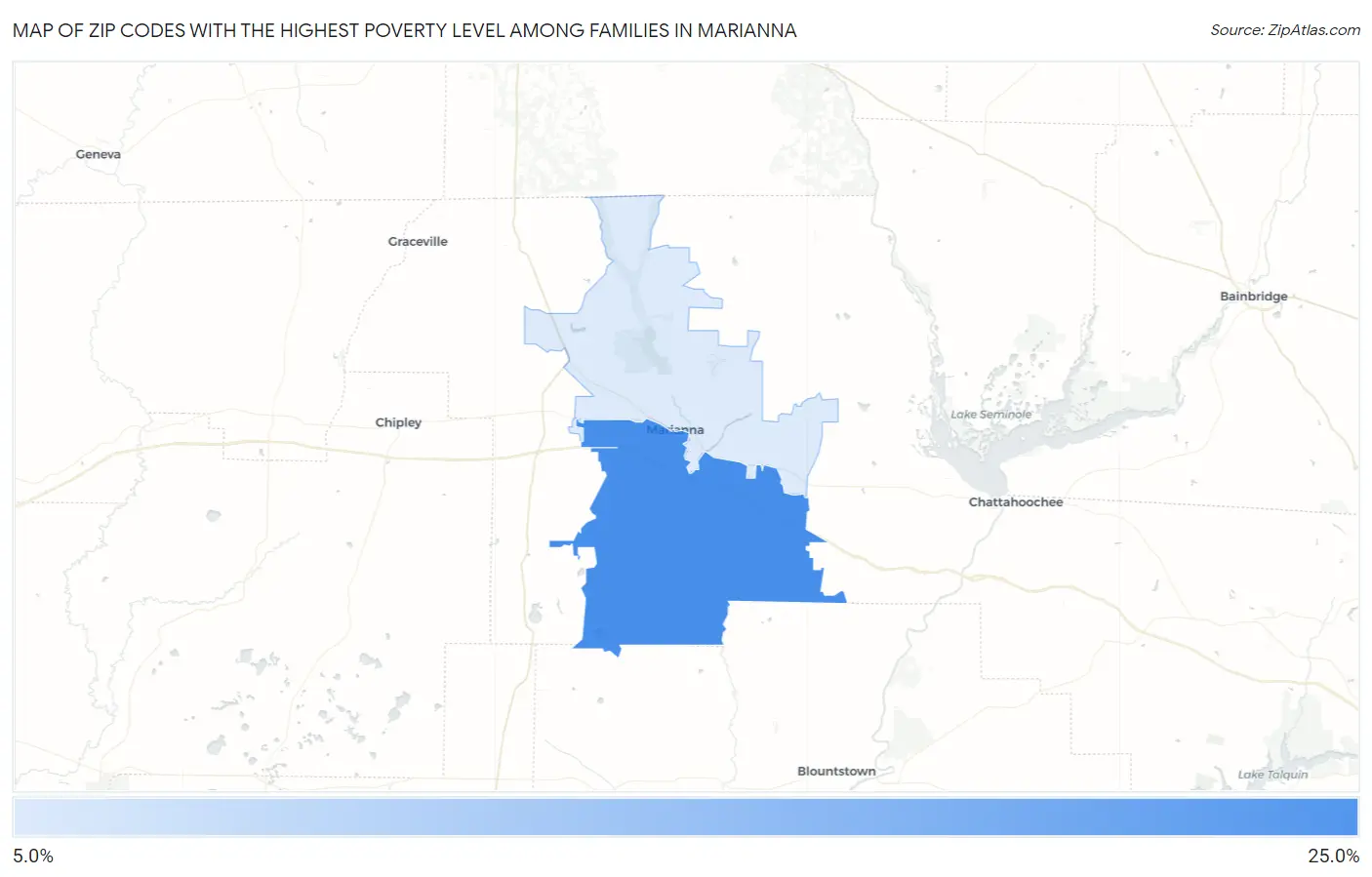 Zip Codes with the Highest Poverty Level Among Families in Marianna Map