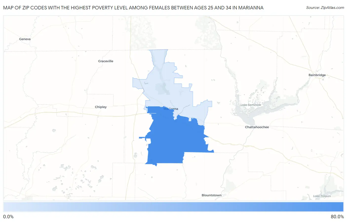 Zip Codes with the Highest Poverty Level Among Females Between Ages 25 and 34 in Marianna Map
