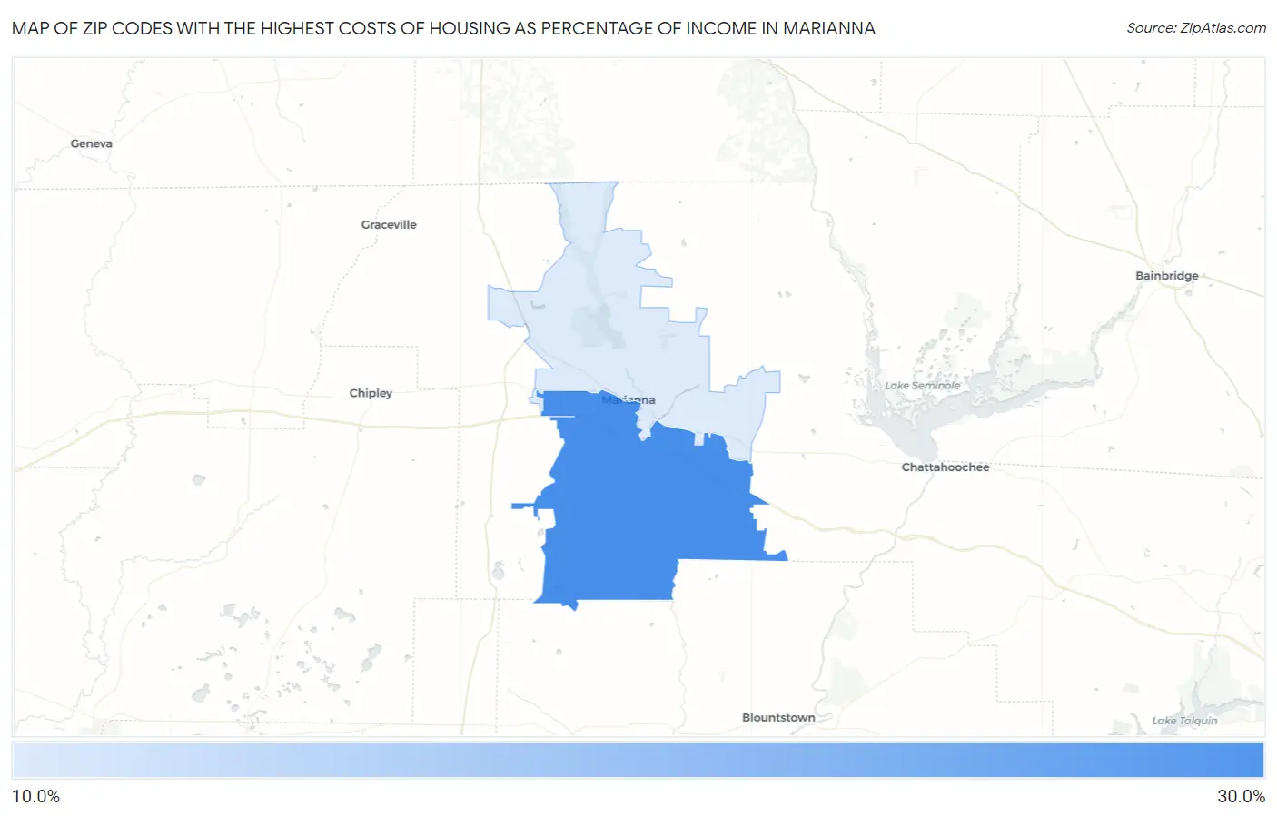 Zip Codes with the Highest Costs of Housing as Percentage of Income in Marianna Map