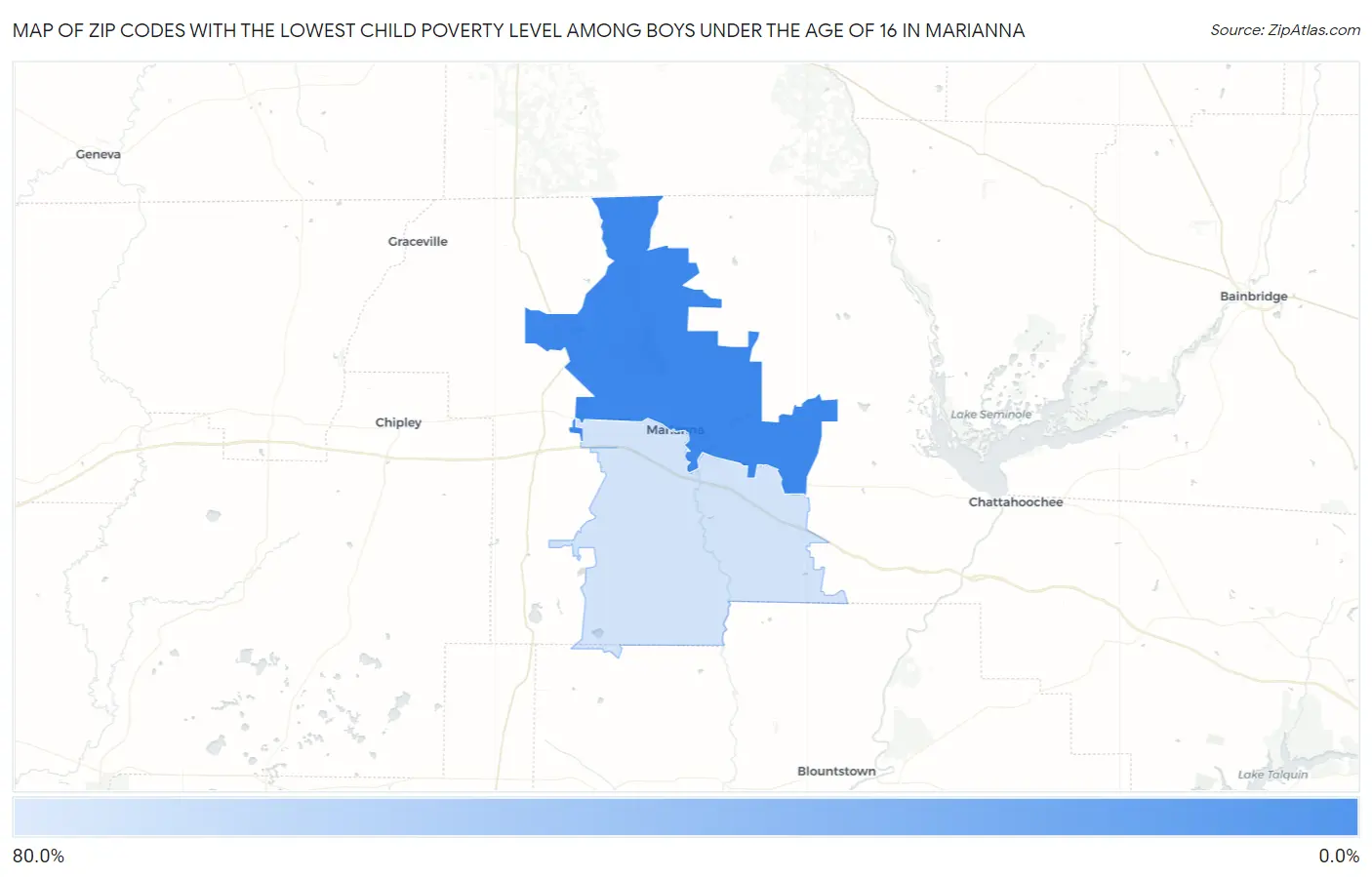 Zip Codes with the Lowest Child Poverty Level Among Boys Under the Age of 16 in Marianna Map