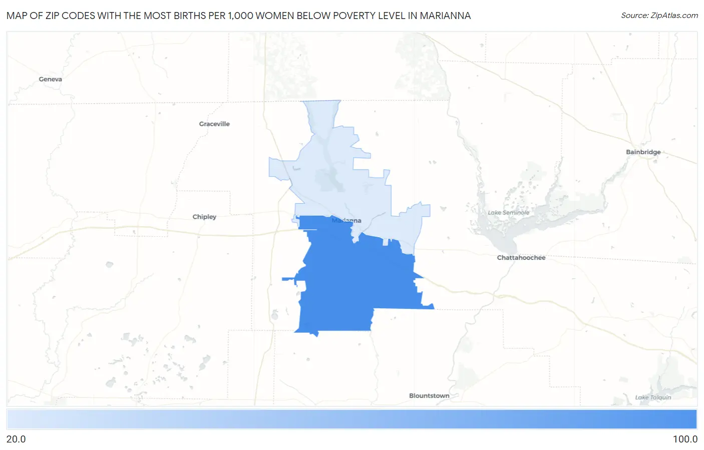 Zip Codes with the Most Births per 1,000 Women Below Poverty Level in Marianna Map