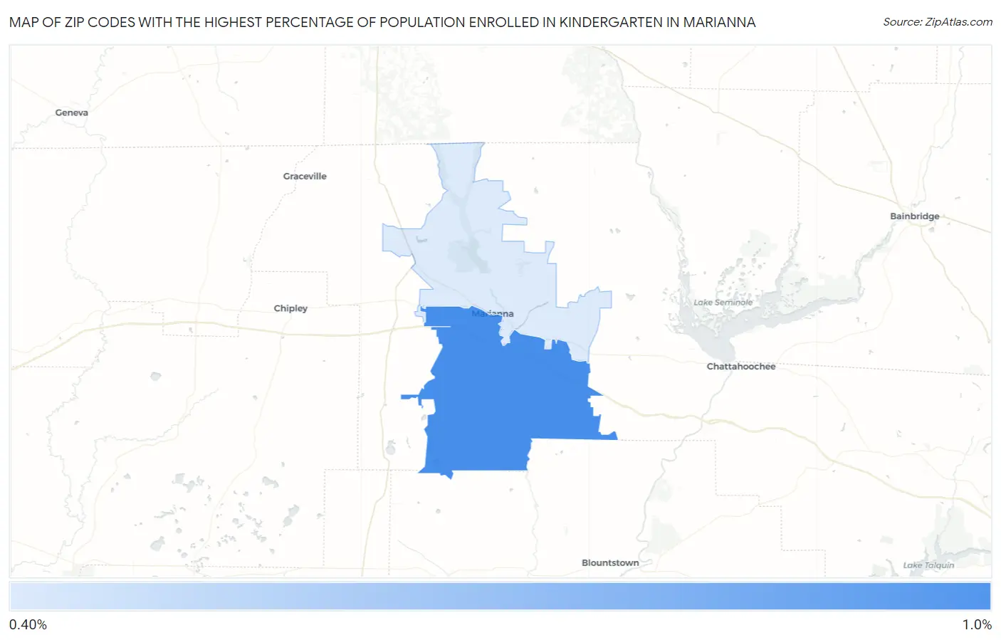 Zip Codes with the Highest Percentage of Population Enrolled in Kindergarten in Marianna Map