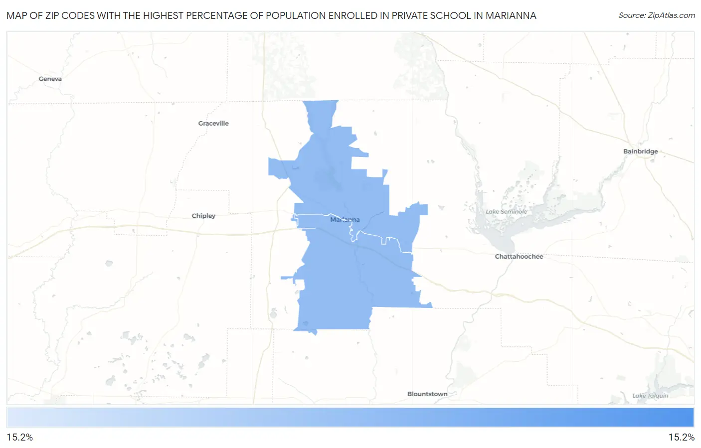 Zip Codes with the Highest Percentage of Population Enrolled in Private School in Marianna Map