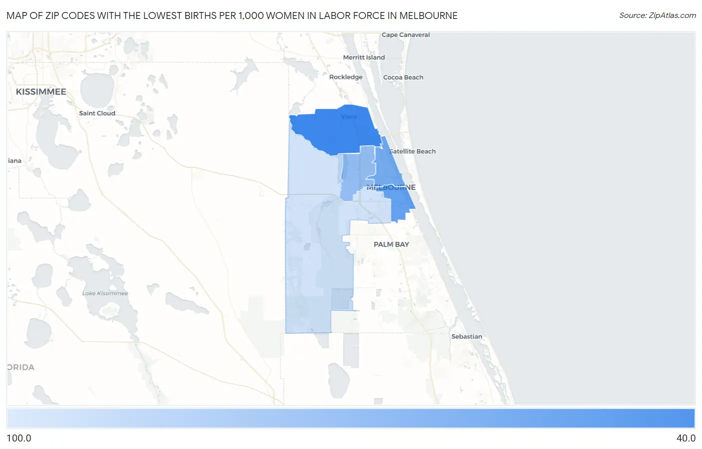 Zip Codes with the Lowest Births per 1,000 Women in Labor Force in Melbourne Map