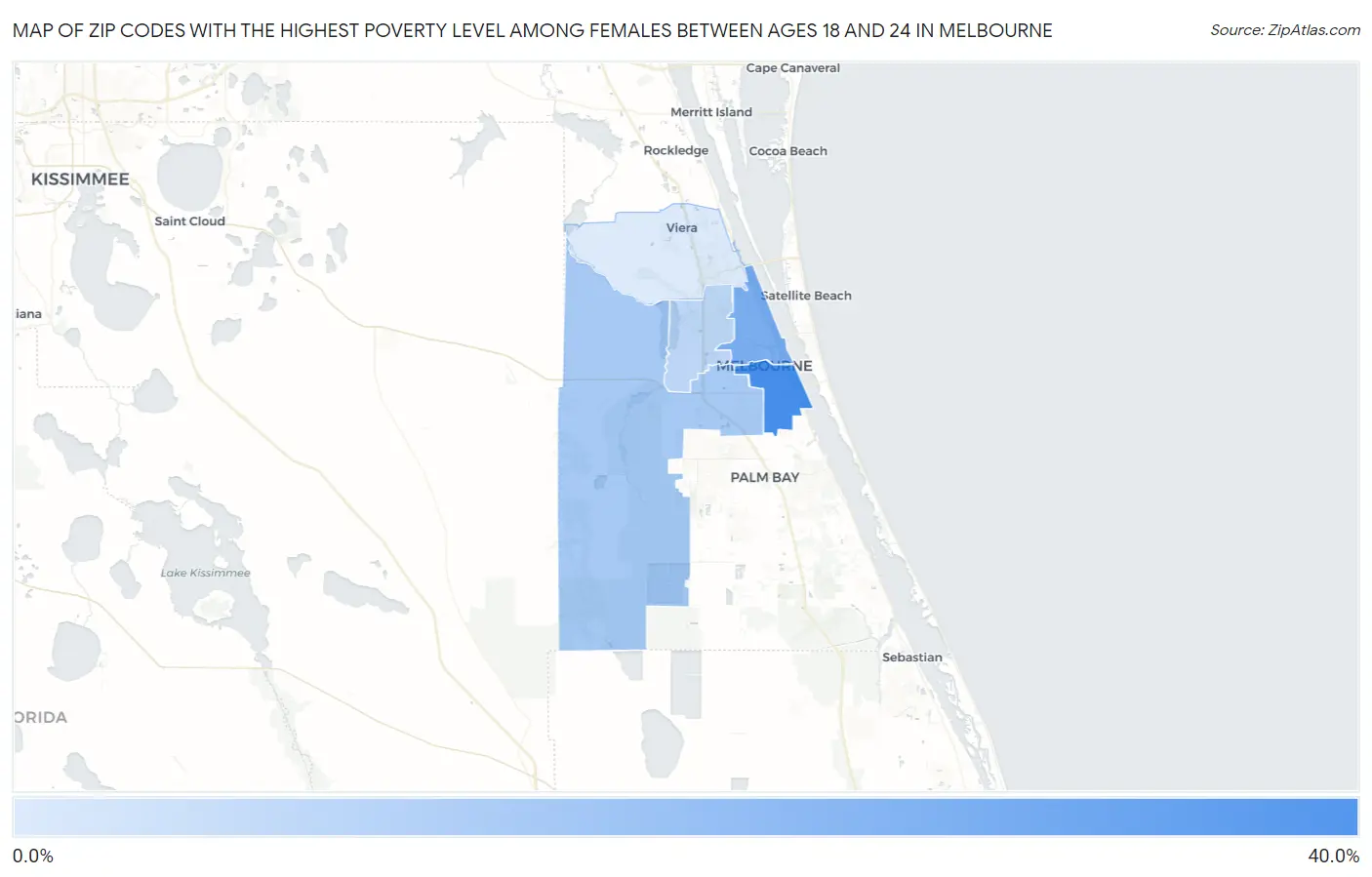 Zip Codes with the Highest Poverty Level Among Females Between Ages 18 and 24 in Melbourne Map