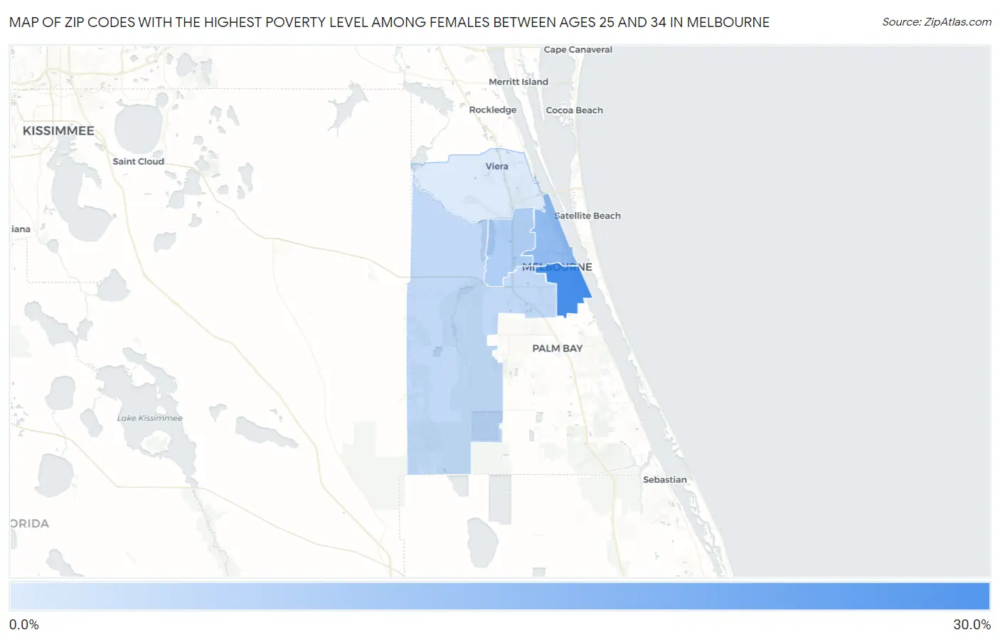 Zip Codes with the Highest Poverty Level Among Females Between Ages 25 and 34 in Melbourne Map