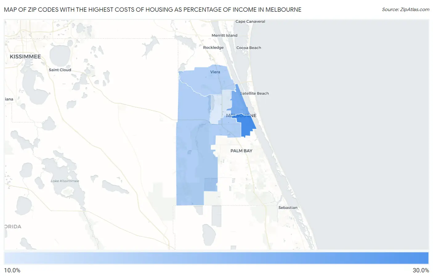 Zip Codes with the Highest Costs of Housing as Percentage of Income in Melbourne Map