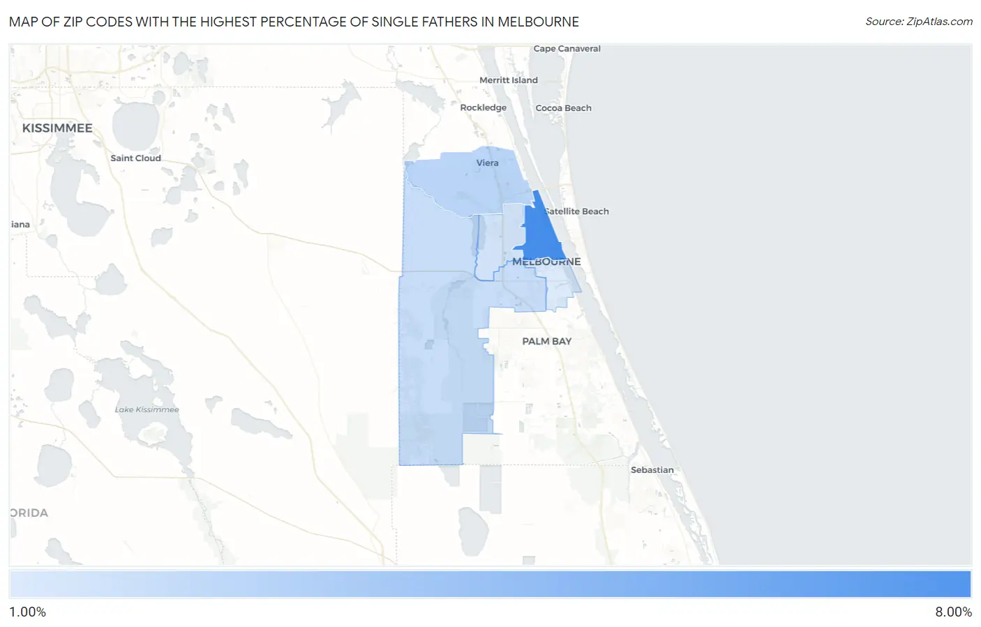 Zip Codes with the Highest Percentage of Single Fathers in Melbourne Map
