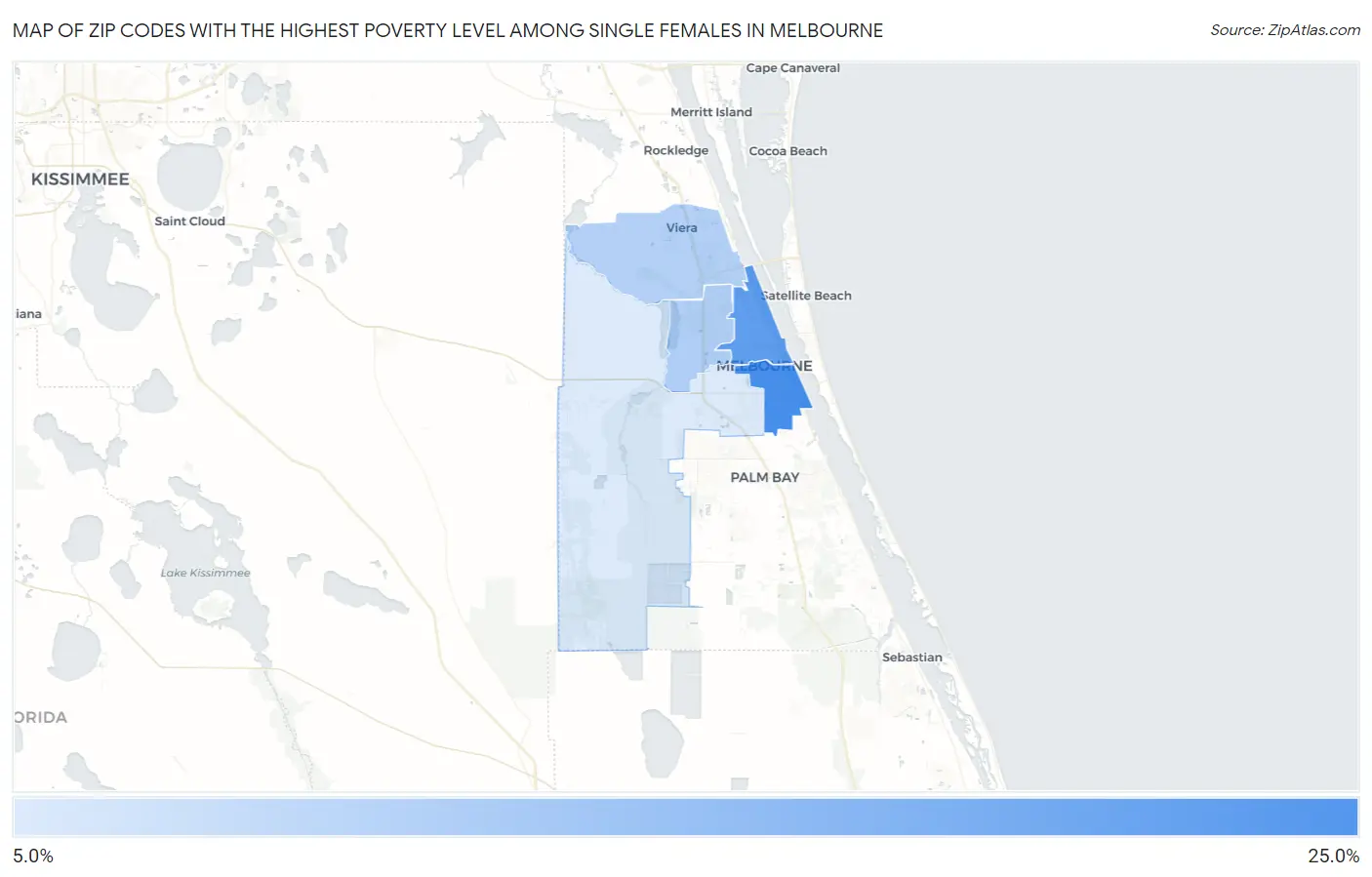 Zip Codes with the Highest Poverty Level Among Single Females in Melbourne Map