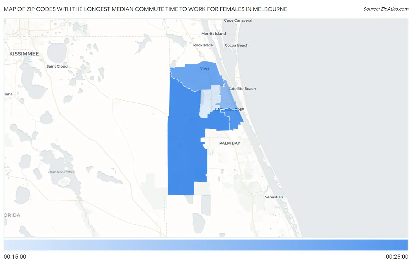 Zip Codes with the Longest Median Commute Time to Work for Females in Melbourne Map
