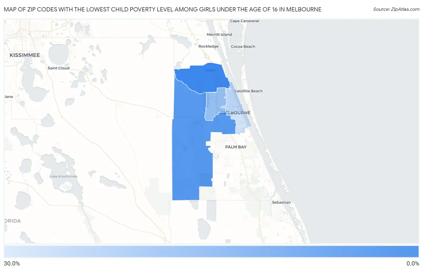 Zip Codes with the Lowest Child Poverty Level Among Girls Under the Age of 16 in Melbourne Map