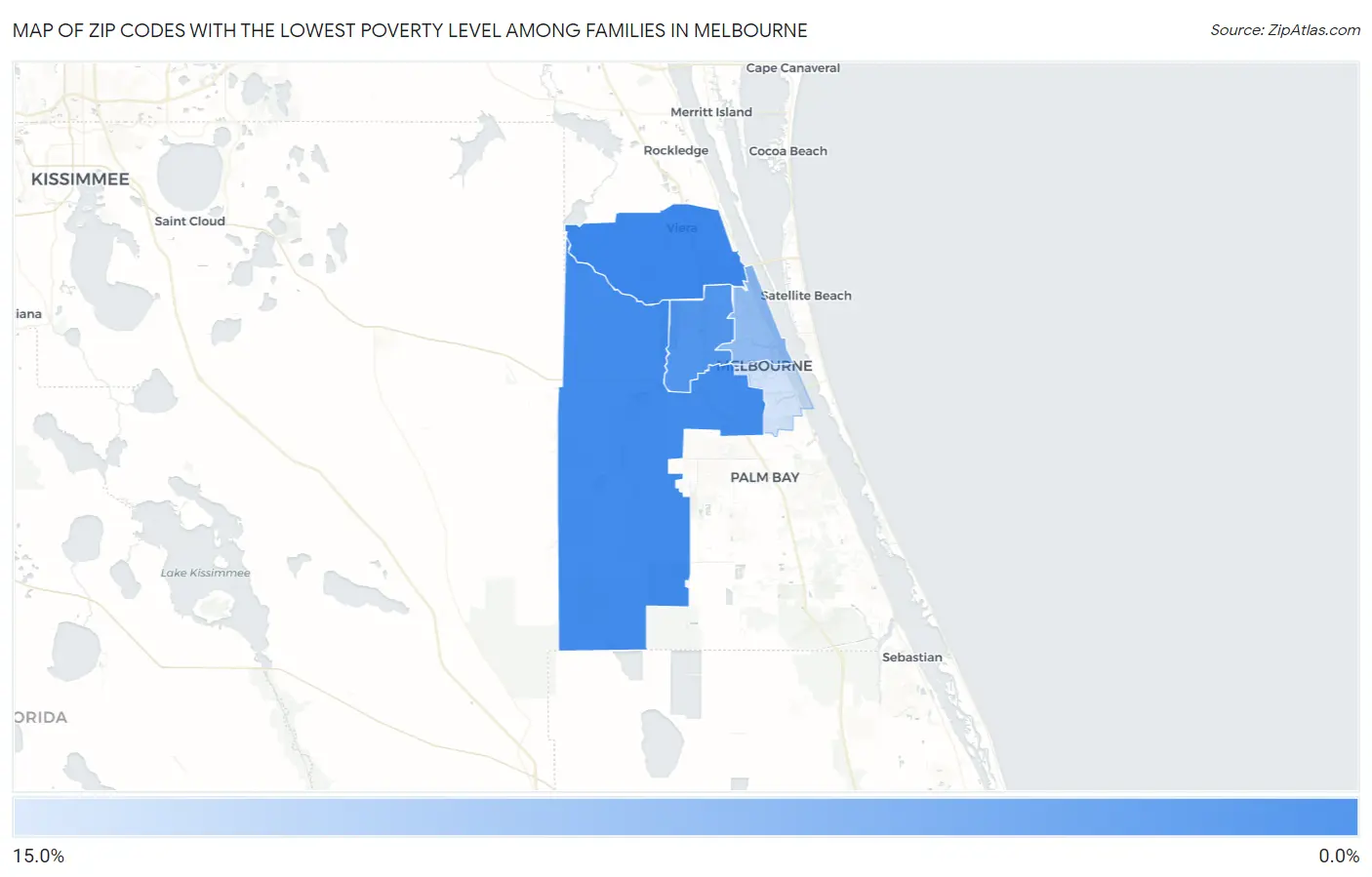 Zip Codes with the Lowest Poverty Level Among Families in Melbourne Map