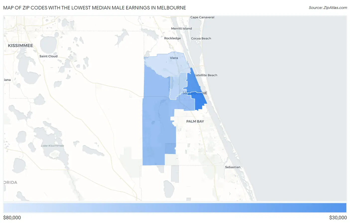 Zip Codes with the Lowest Median Male Earnings in Melbourne Map