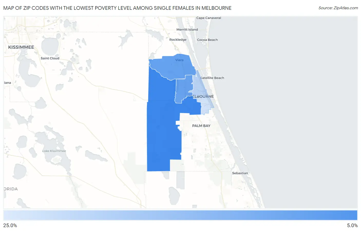 Zip Codes with the Lowest Poverty Level Among Single Females in Melbourne Map