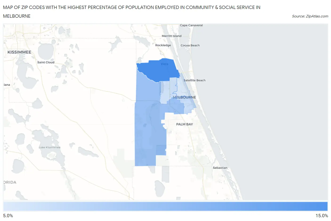 Zip Codes with the Highest Percentage of Population Employed in Community & Social Service  in Melbourne Map