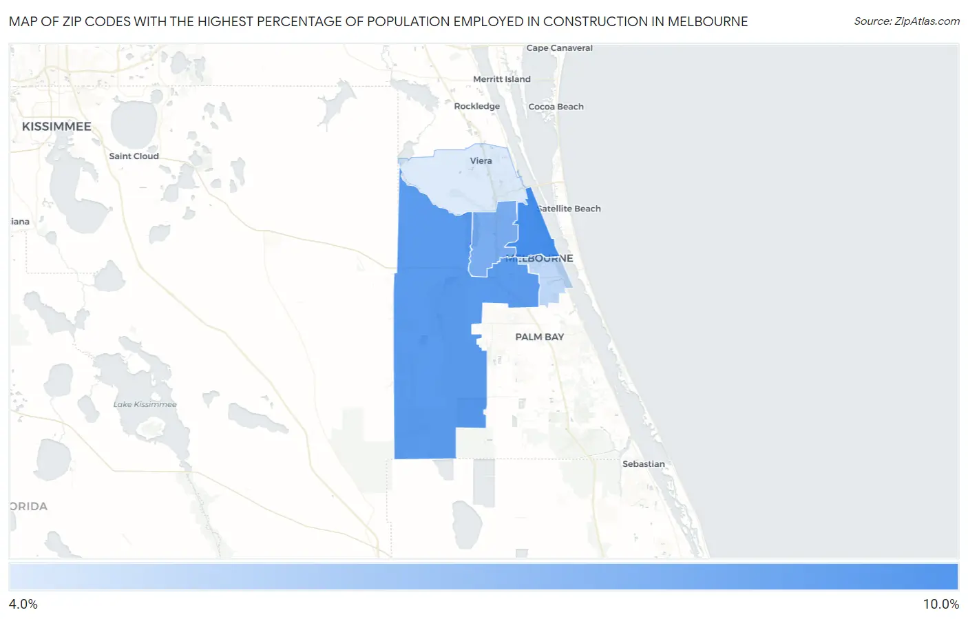Zip Codes with the Highest Percentage of Population Employed in Construction in Melbourne Map