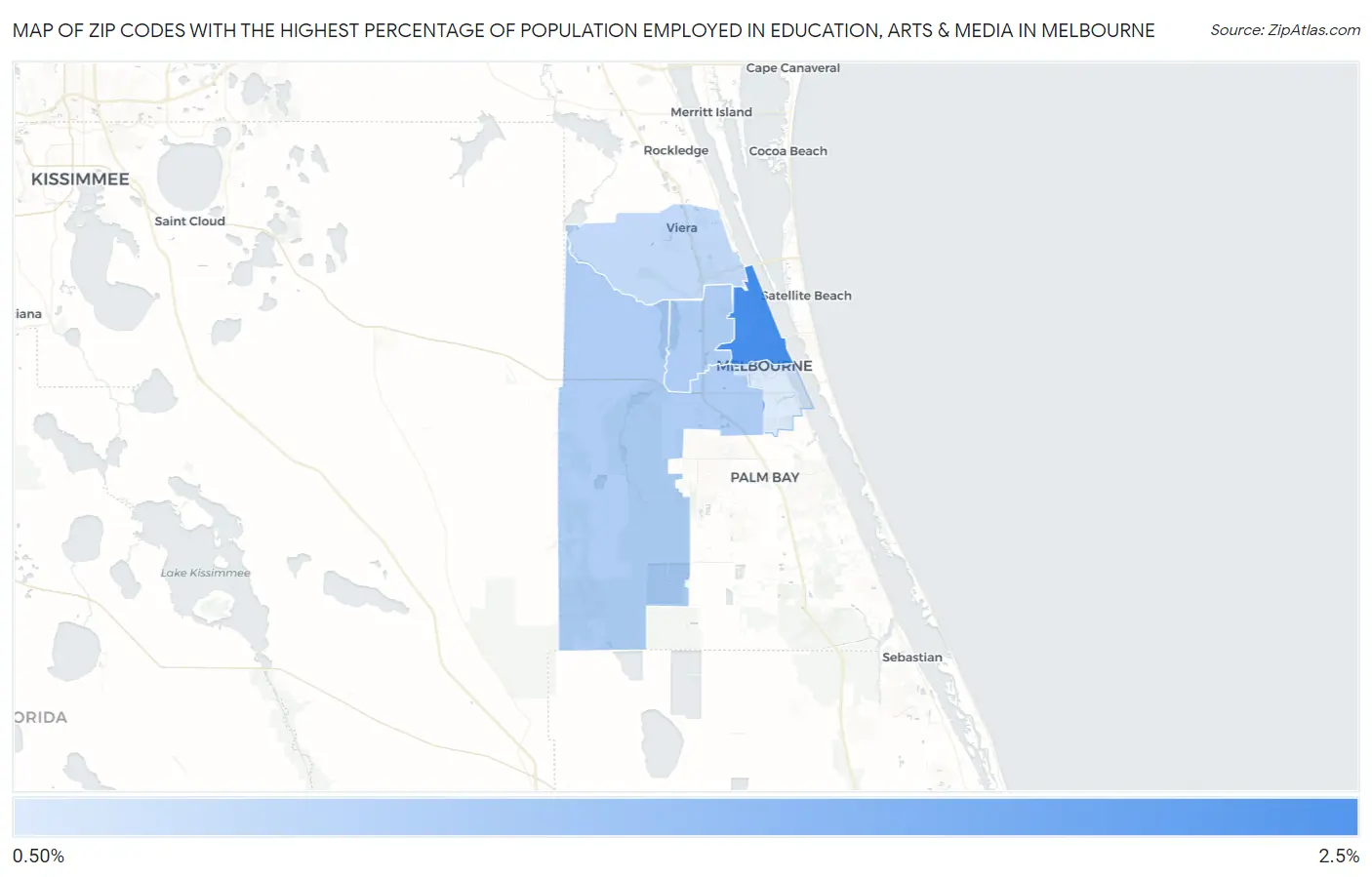 Zip Codes with the Highest Percentage of Population Employed in Education, Arts & Media in Melbourne Map